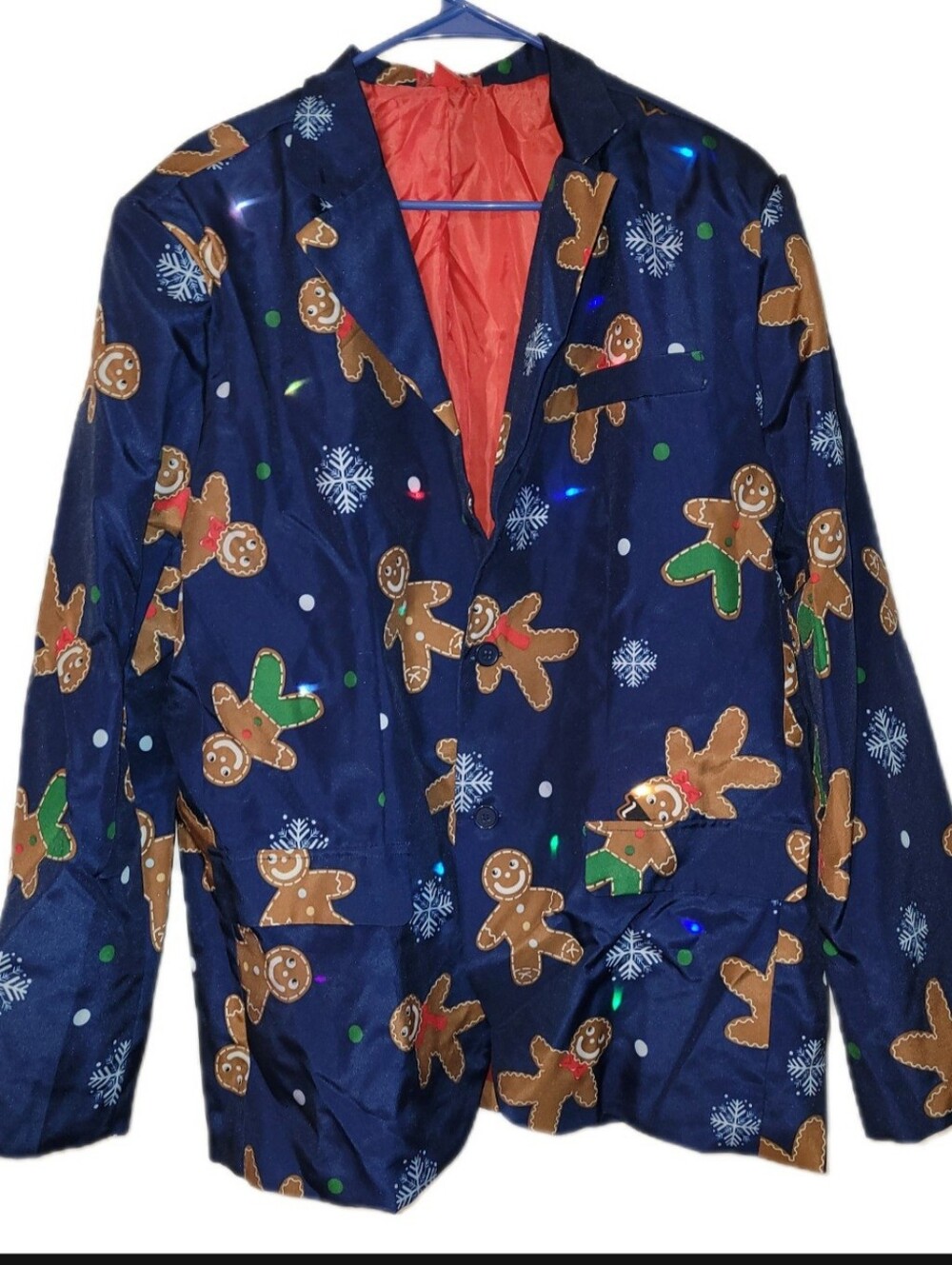 Ugly Christmas Holiday Light up Mens Blazer Sz L Blue Gingerbread Men 2 Button